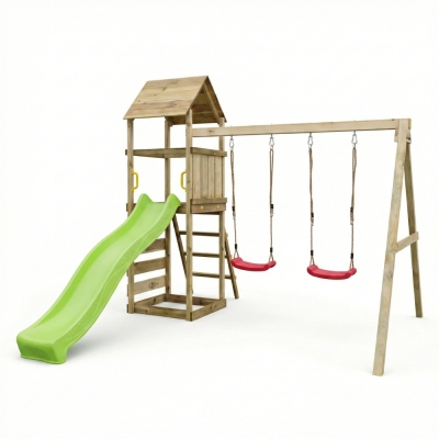 Parque infantil de madera Maxplay 2.2 con torre, tobogán verde y doble columpio