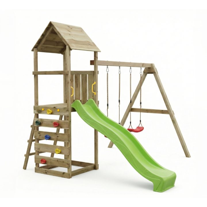 Parque infantil de madera Maxplay 2.2 con torre, tobogán verde y doble columpio