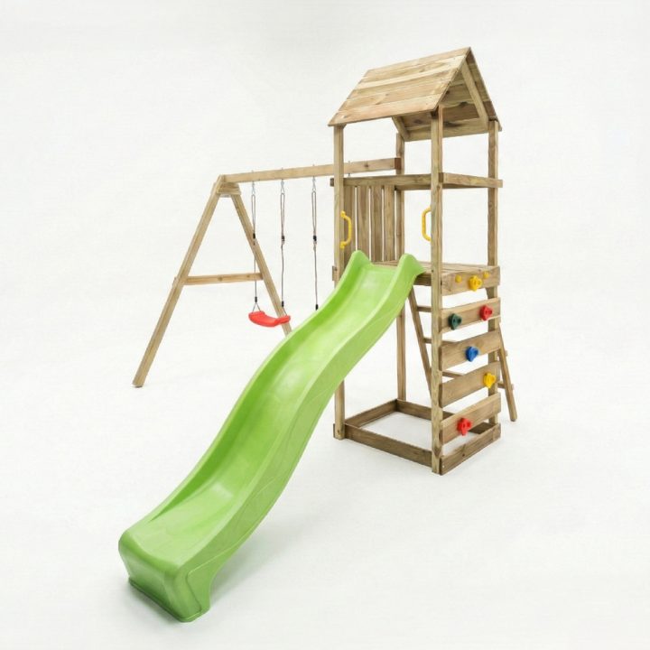 Parque infantil de madera Maxplay 2.2 con torre, tobogán verde y doble columpio