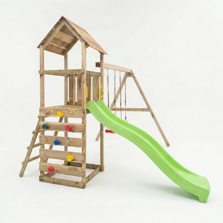 Parque infantil de madera Maxplay 2.2 con torre, tobogán verde y doble columpio