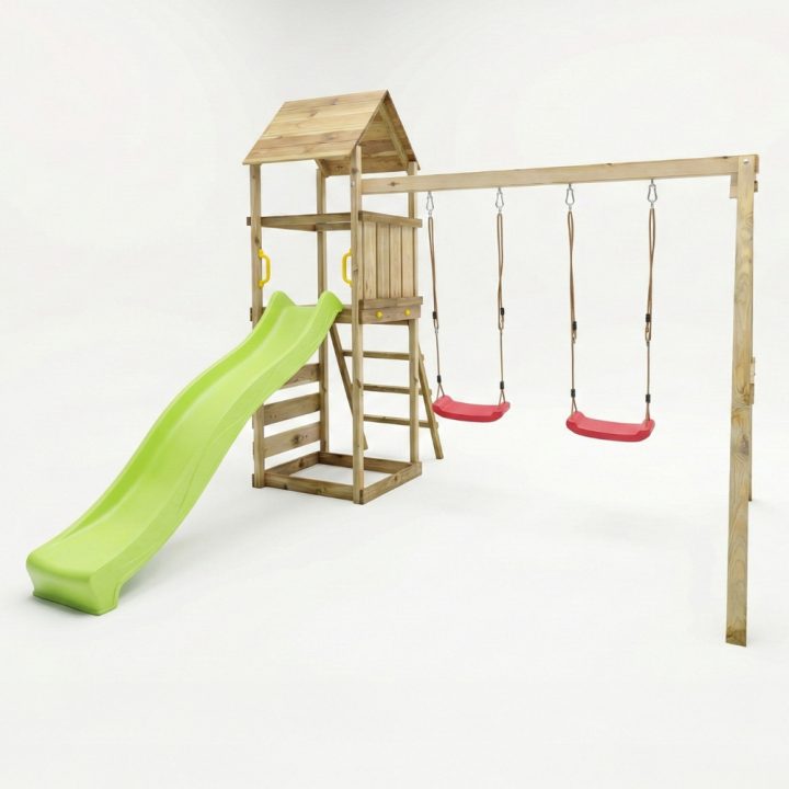 Parque infantil de madera Maxplay 2.2 con torre, tobogán verde y doble columpio