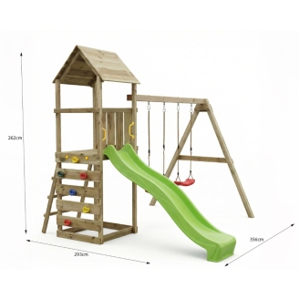 Parque infantil de madera Maxplay 2.2 con torre, tobogán verde y doble columpio