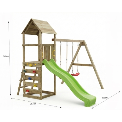 Parque infantil de madera Maxplay 2.2 con torre, tobogán verde y doble columpio