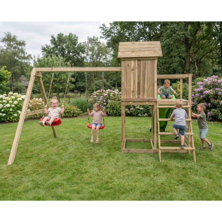 Casita elevada de madera Maxplay 5 con tobogán verde, doble columpio y escalada