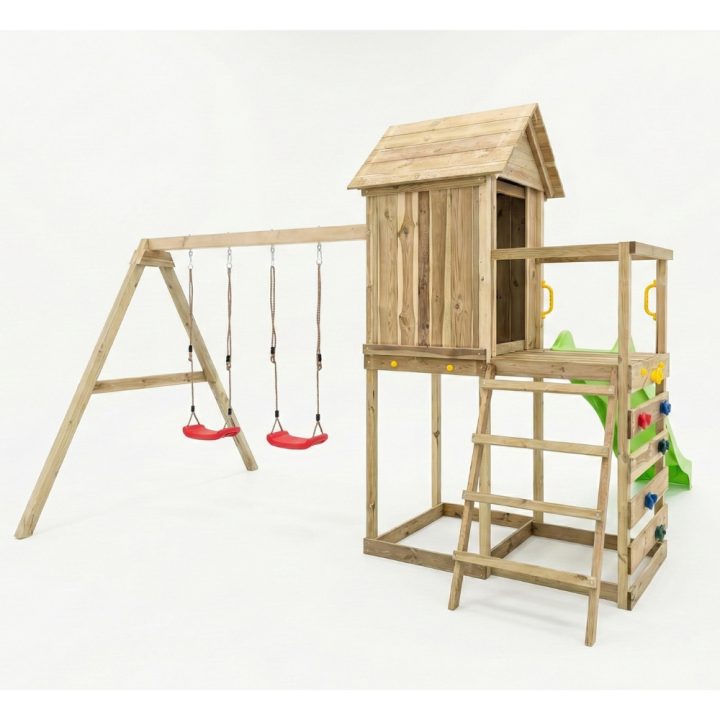 Casita elevada de madera Maxplay 5 con tobogán verde, doble columpio y escalada