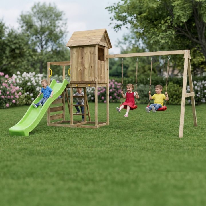 Casita elevada de madera Maxplay 5 con tobogán verde, doble columpio y escalada
