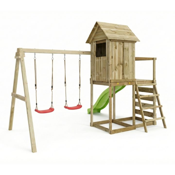 Casita elevada de madera Maxplay 5 con tobogán verde, doble columpio y escalada
