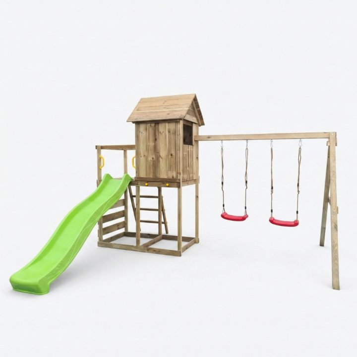 Casita elevada de madera Maxplay 5 con tobogán verde, doble columpio y escalada