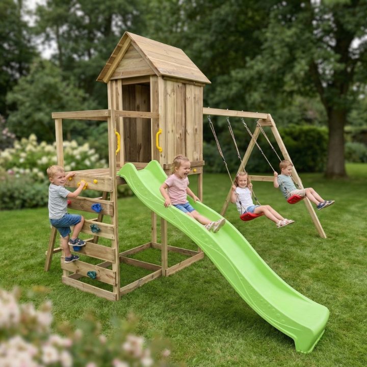 Casita elevada de madera Maxplay 5 con tobogán verde, doble columpio y escalada