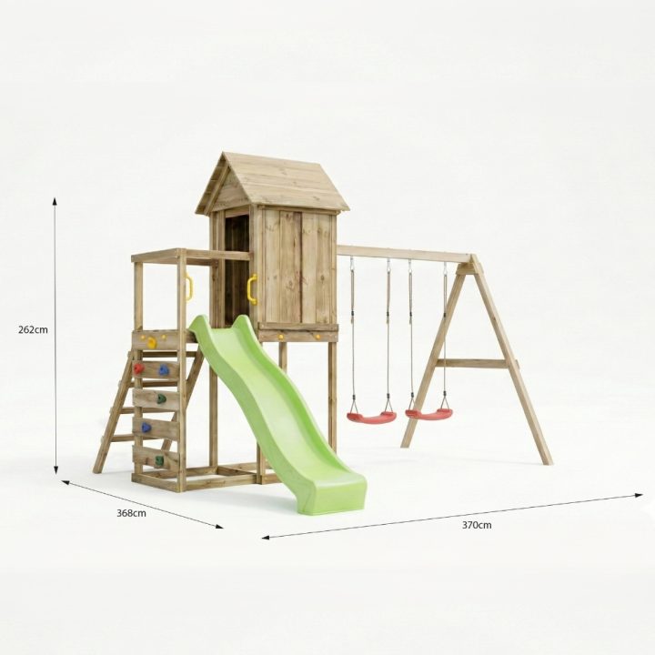 Casita elevada de madera Maxplay 5 con tobogán verde, doble columpio y escalada