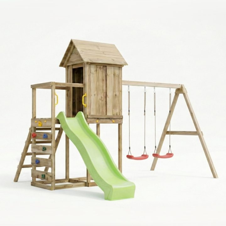 Casita elevada de madera Maxplay 5 con tobogán verde, doble columpio y escalada