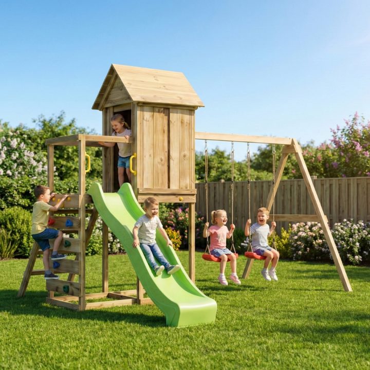 Casita elevada de madera Maxplay 5 con tobogán verde, doble columpio y escalada