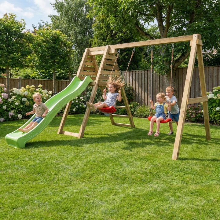 Área de juegos de madera Maxplay Gym con tobogán y doble columpio