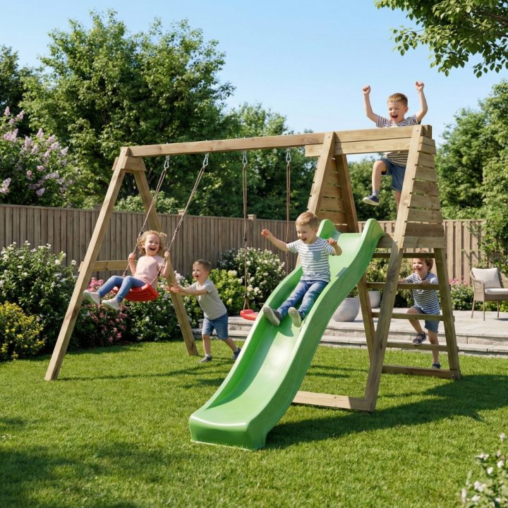 Área de juegos de madera Maxplay Gym con tobogán y doble columpio