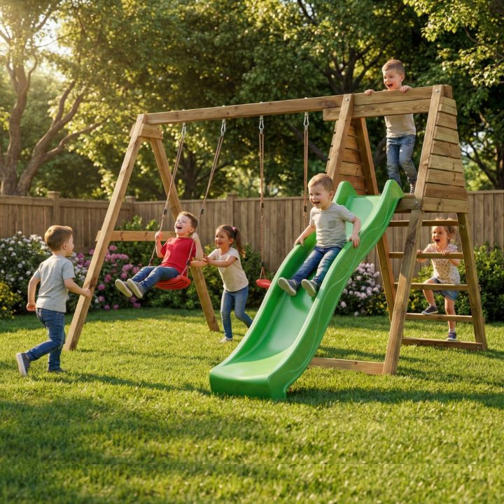 Área de juegos de madera Maxplay Gym con tobogán y doble columpio