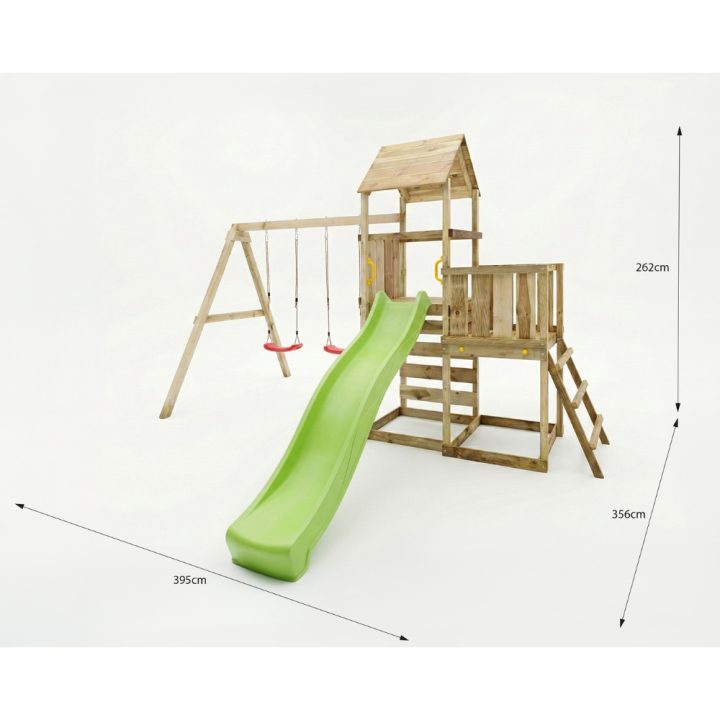 Juego de jardín de madera Maxplay 3.2 con tobogán verde, torre, escalada y doble columpio