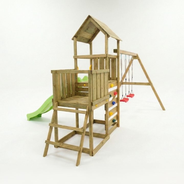 Juego de jardín de madera Maxplay 3.2 con tobogán verde, torre, escalada y doble columpio