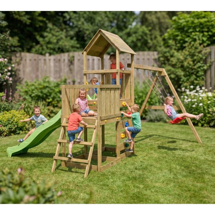 Juego de jardín de madera Maxplay 3.2 con tobogán verde, torre, escalada y doble columpio