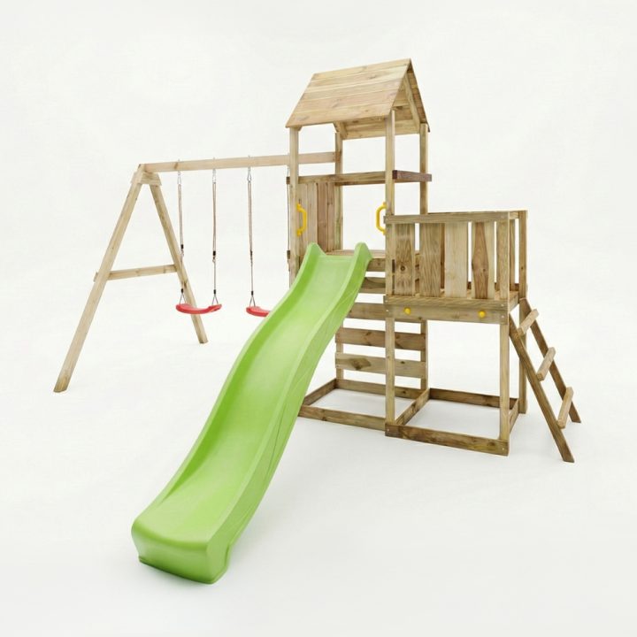 Juego de jardín de madera Maxplay 3.2 con tobogán verde, torre, escalada y doble columpio