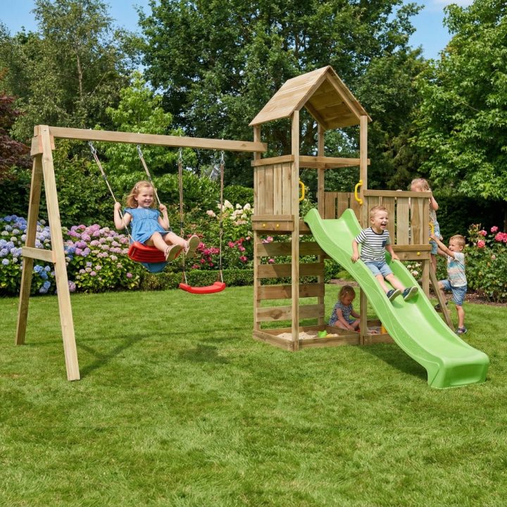 Juego de jardín de madera Maxplay 3.2 con tobogán verde, torre, escalada y doble columpio