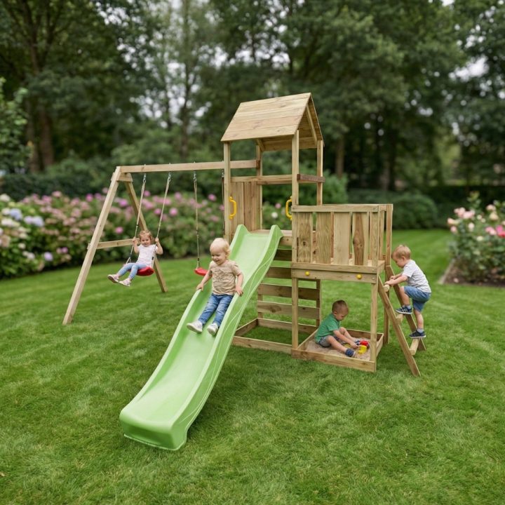 Juego de jardín de madera Maxplay 3.2 con tobogán verde, torre, escalada y doble columpio