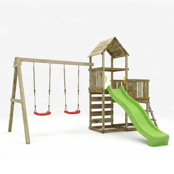 Juego de jardín de madera Maxplay 3.2 con tobogán verde, torre, escalada y doble columpio