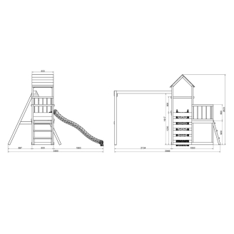 Juego de jardín de madera Maxplay 3.2 con tobogán verde, torre, escalada y doble columpio