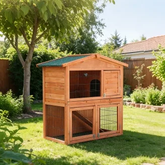 Conejera de madera para exterior de 2 niveles con gran recinto – Farm 9 con Farm 8