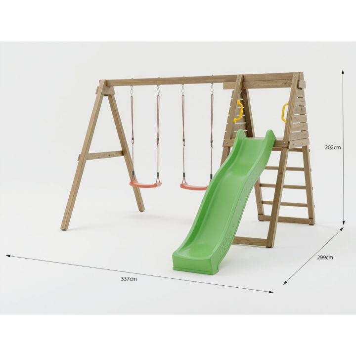 Área de juegos de madera Maxplay Gym con tobogán verde y doble columpio