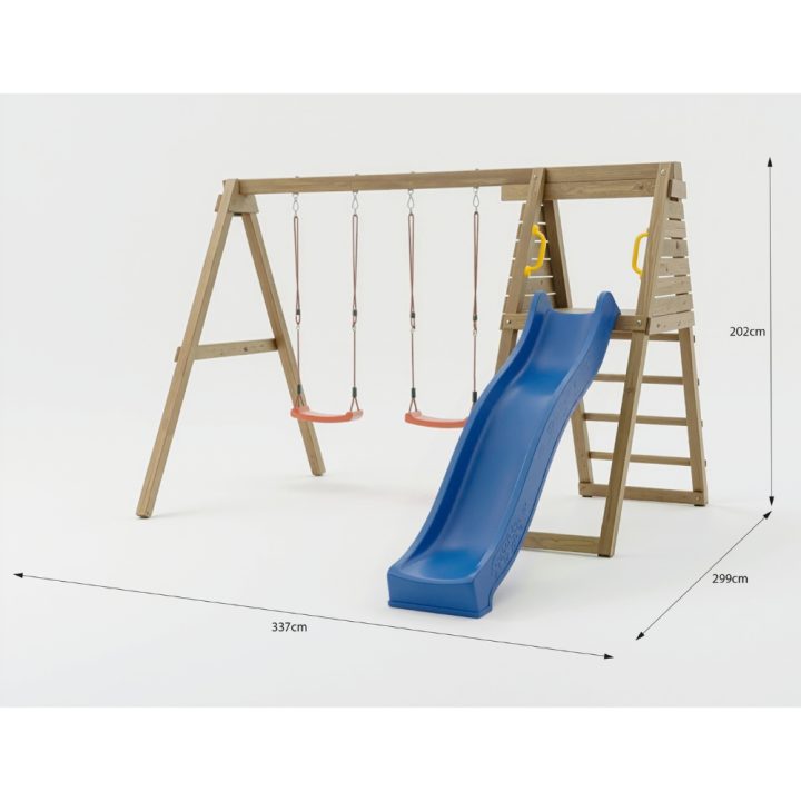 Área de juegos de madera Maxplay Gym con tobogán azul y doble columpio