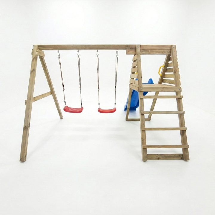 Área de juegos de madera Maxplay Gym con tobogán azul y doble columpio