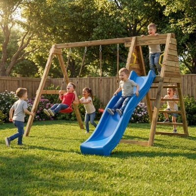 Área de juegos de madera Maxplay Gym con tobogán azul y doble columpio