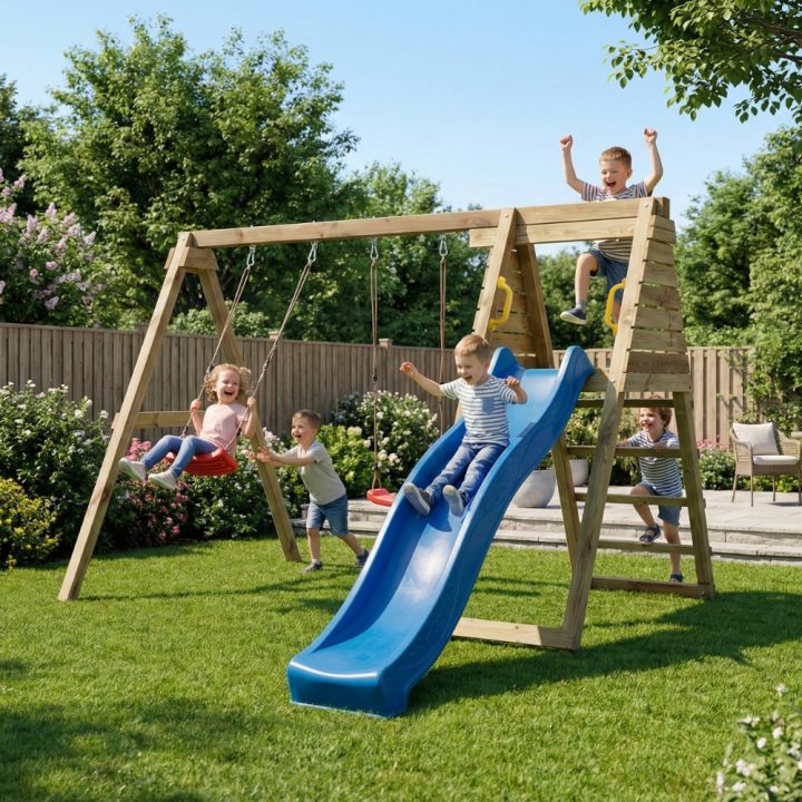 Área de juegos de madera Maxplay Gym con tobogán azul y doble columpio