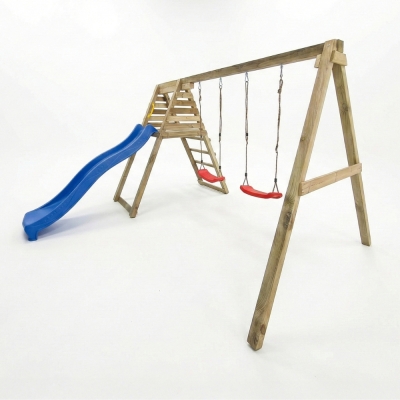Área de juegos de madera Maxplay Gym con tobogán azul y doble columpio