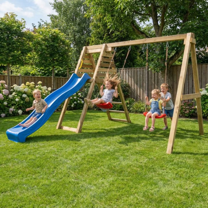 Área de juegos de madera Maxplay Gym con tobogán azul y doble columpio