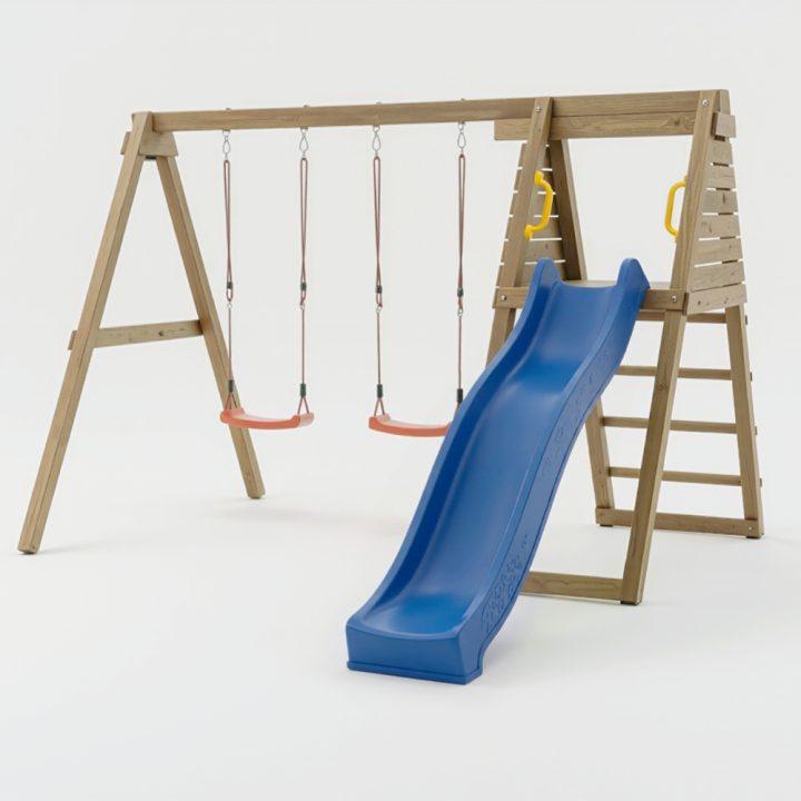 Área de juegos de madera Maxplay Gym con tobogán azul y doble columpio