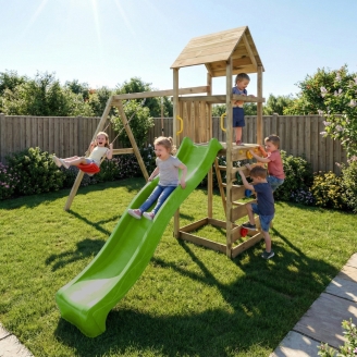 Parque infantil de madera Maxplay 2.2 con torre, tobogán verde y doble columpio