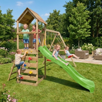 Parque infantil de madera Maxplay 2.2 con torre, tobogán verde y doble columpio