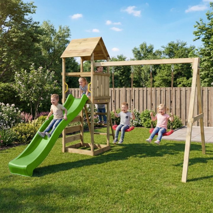 Parque infantil de madera Maxplay 2.2 con torre, tobogán verde y doble columpio