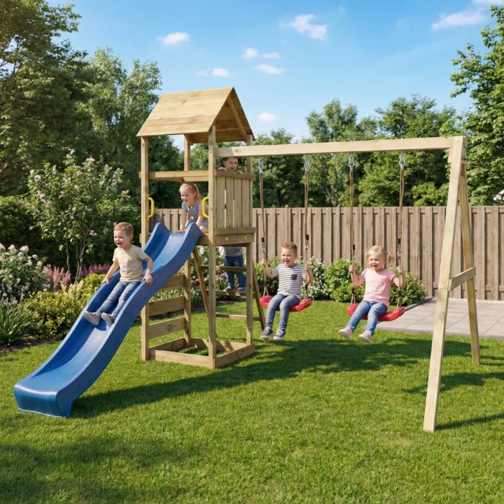 Parque infantil de madera Maxplay 2.2 con torre, tobogán azul y doble columpio