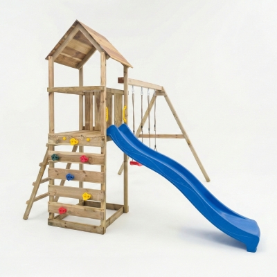 Parque infantil de madera Maxplay 2.2 con torre, tobogán azul y doble columpio