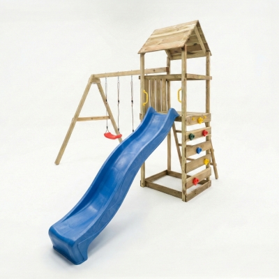Parque infantil de madera Maxplay 2.2 con torre, tobogán azul y doble columpio