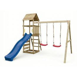 Parque infantil de madera Maxplay 2.2 con torre, tobogán azul y doble columpio
