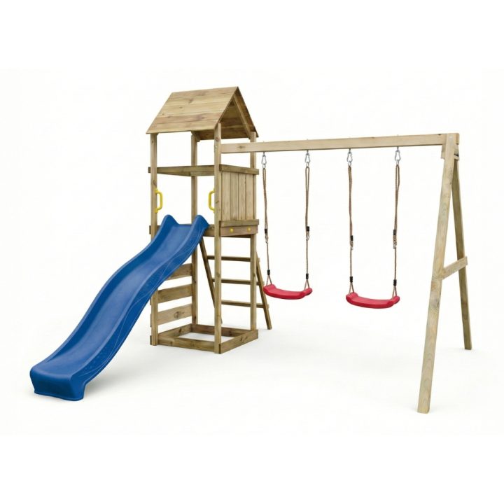 Parque infantil de madera Maxplay 2.2 con torre, tobogán azul y doble columpio