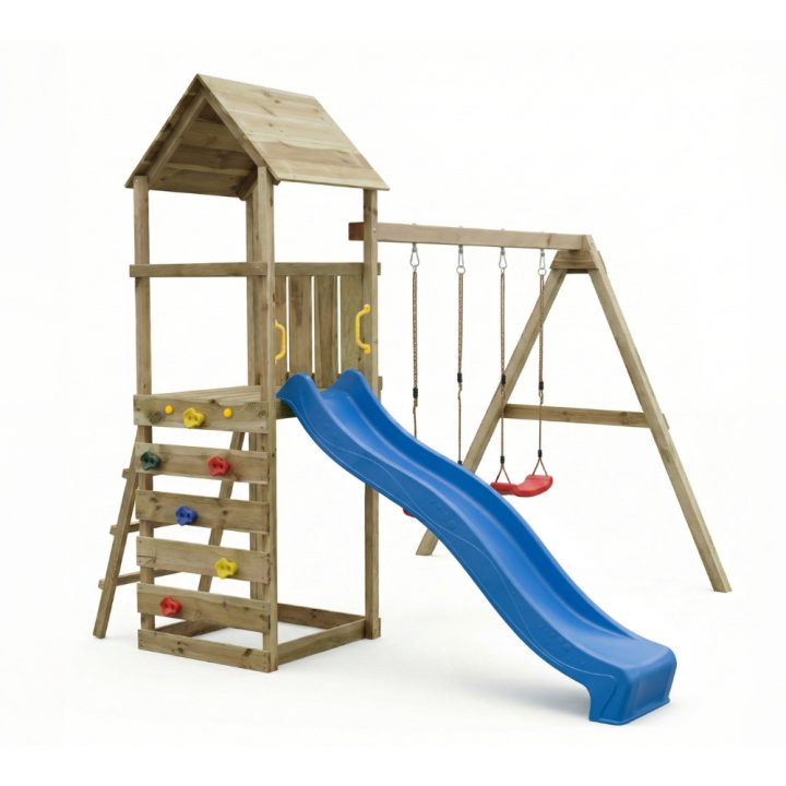 Parque infantil de madera Maxplay 2.2 con torre, tobogán azul y doble columpio