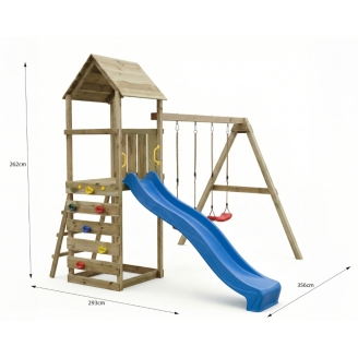 Parque infantil de madera Maxplay 2.2 con torre, tobogán azul y doble columpio