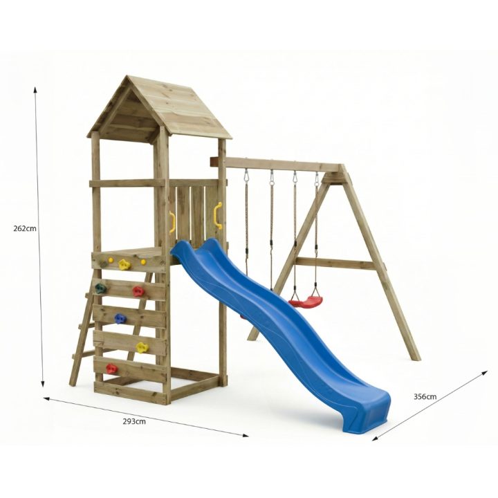 Parque infantil de madera Maxplay 2.2 con torre, tobogán azul y doble columpio