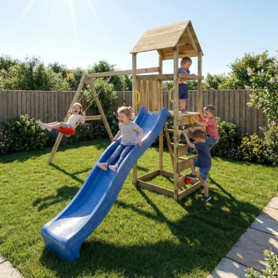 Parque infantil de madera Maxplay 2.2 con torre, tobogán azul y doble columpio