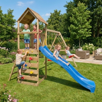 Parque infantil de madera Maxplay 2.2 con torre, tobogán azul y doble columpio
