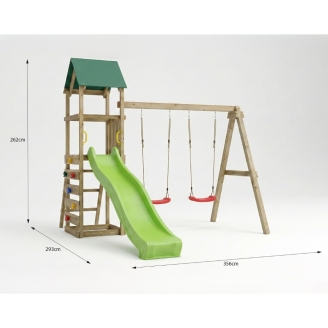 Parque infantil de madera Maxplay 2.1 con tobogán verde, doble columpio y zona de escalada para jardín